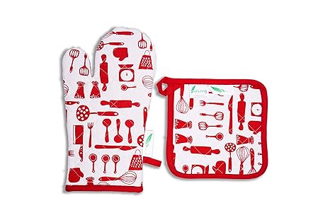 furLong 100% Cotton, eco-Friendly Oven mitt & Pot Holder Set, White & Red