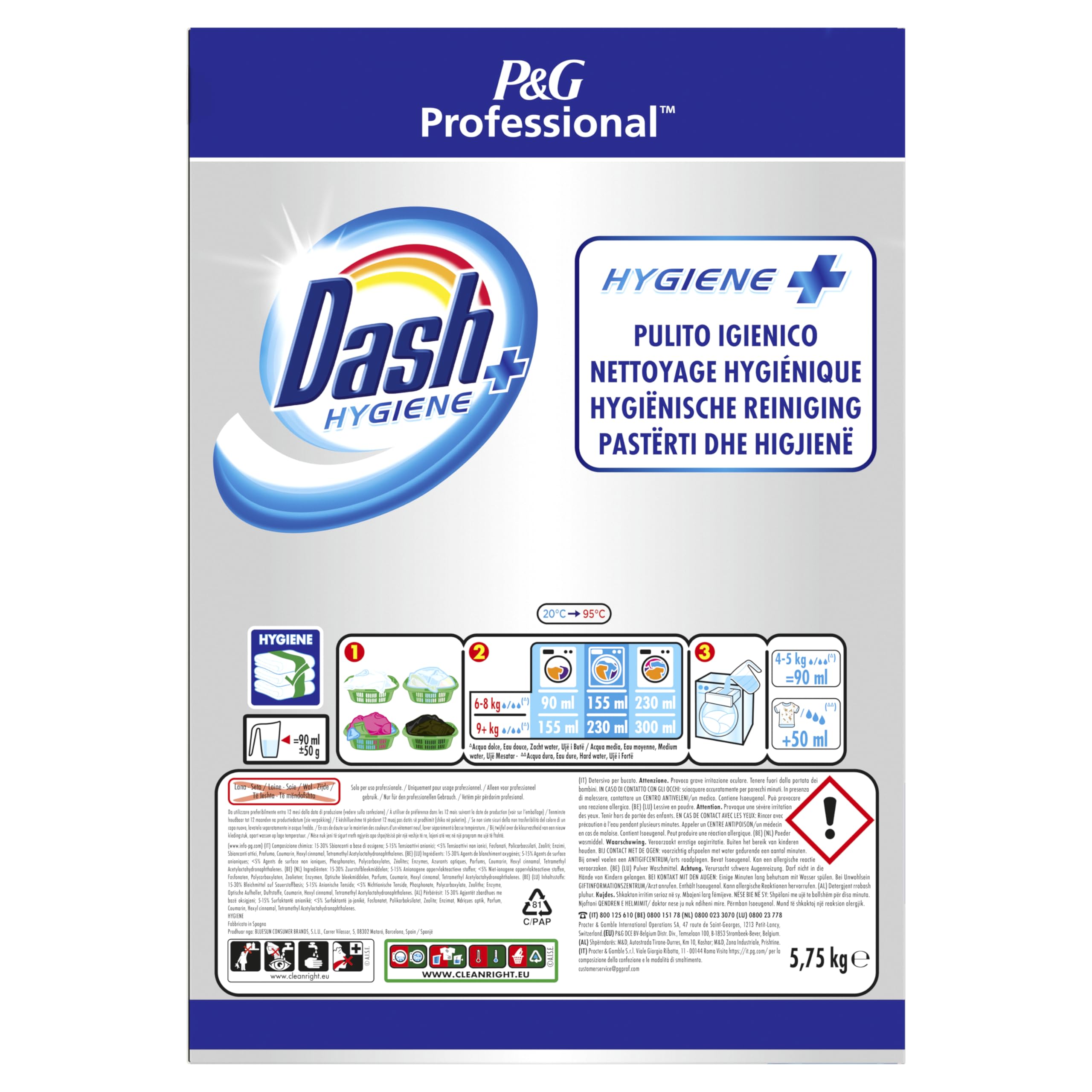 Dash Professional Detersivo In Polvere Per Bucato Per Una Pulizia Igienica Lavaggi, 5.75kg, Bucato Igienizzato