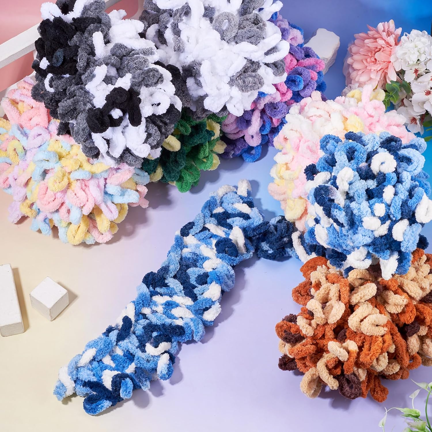 95G/Skein Soft Loop Yarn Polyester Chenille Puffy Yarn Colorful Chunky Finger Knitting Loopy Blanket Yarns for DIY Hand Woven Knitting Crafts Supplies- No Needles or Hooks - Pink Blue image 5