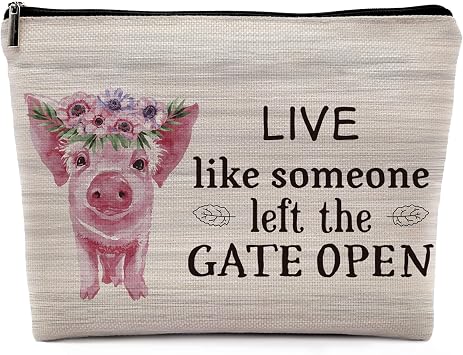 Live Like Someone Left the Gate Open Cosmetic Bag, Cute Rustic Farm Floral Pig Makeup Bag Zipper Cosmetic Pouch Bag Travel Linen Makeup Organizer, Pig Gifts for Pig Lovers Women Teen Girls