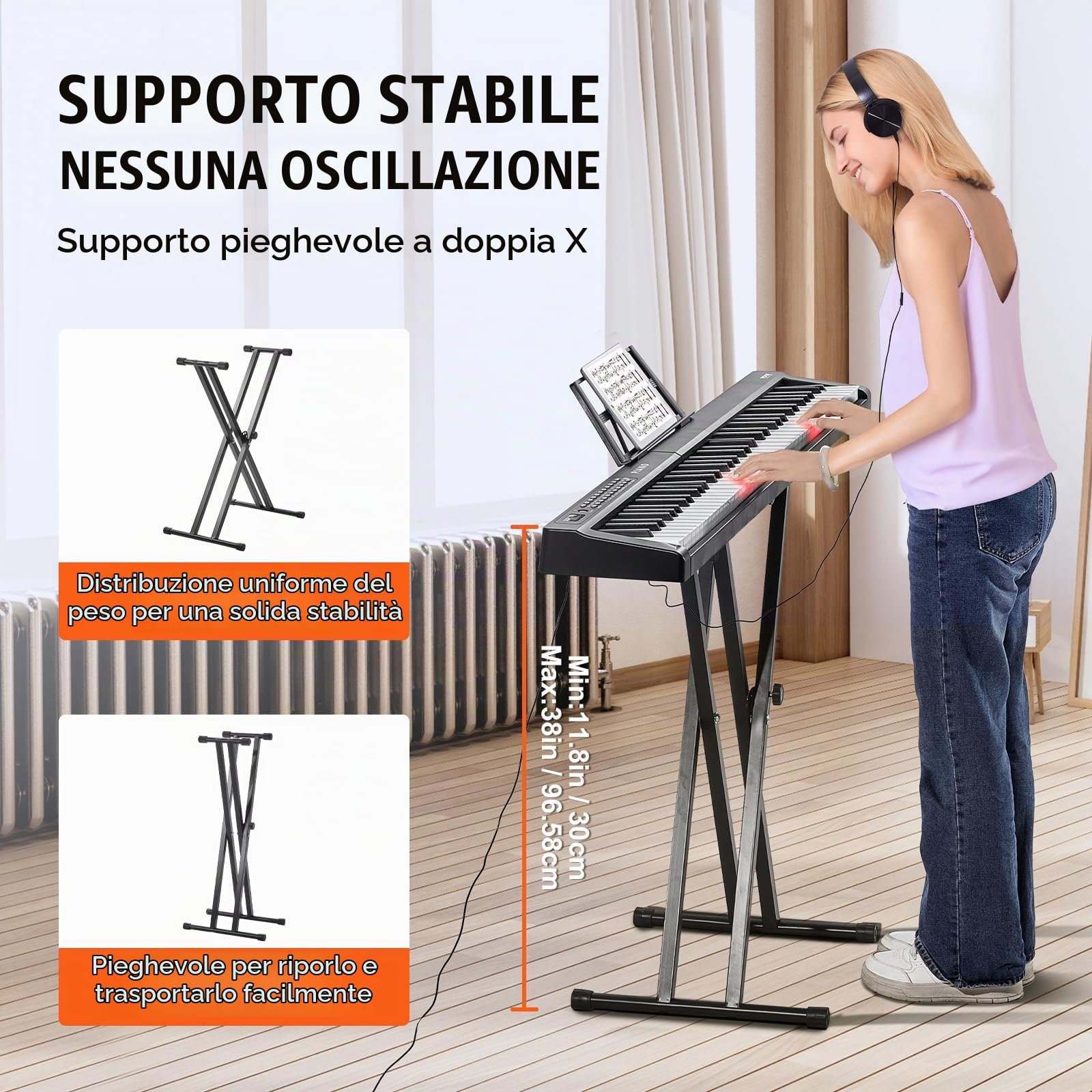 VEVOR Tastiera Pianoforte Digitale, 88 Tasti Semi-pesati, Set Tastiera Elettrica con Supporto Regolabile, Altoparlanti Incorporati, Pedale Sustain, Cuffie, Bluetooth MIDI USB, per Principianti