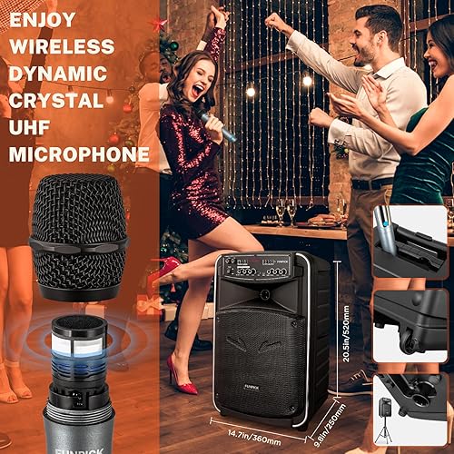 Miniatura 6 de FUNPICK Sistema PA portátil con micrófonos inalámbricos, máquina de karaoke con subwoofer de 12 pulgadas para reuniones, reuniones, fiestas al aire