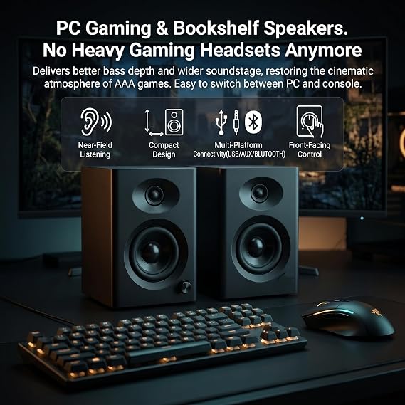 4-Inch Powered Bluetooth Bookshelf Speakers, Black Pair | 60W Active Home Audio System w/ Wooden Enclosure & Remote, for TV, Turntable, Record Player, Computer, PC, RCA/AUX Input