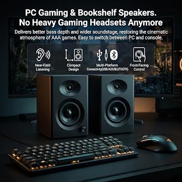 4-Inch Powered Bluetooth Bookshelf Speakers, Black Pair | 60W Active Home Audio System w/ Wooden Enclosure & Remote, for TV, Turntable, Record Player, Computer, PC, RCA/AUX Input