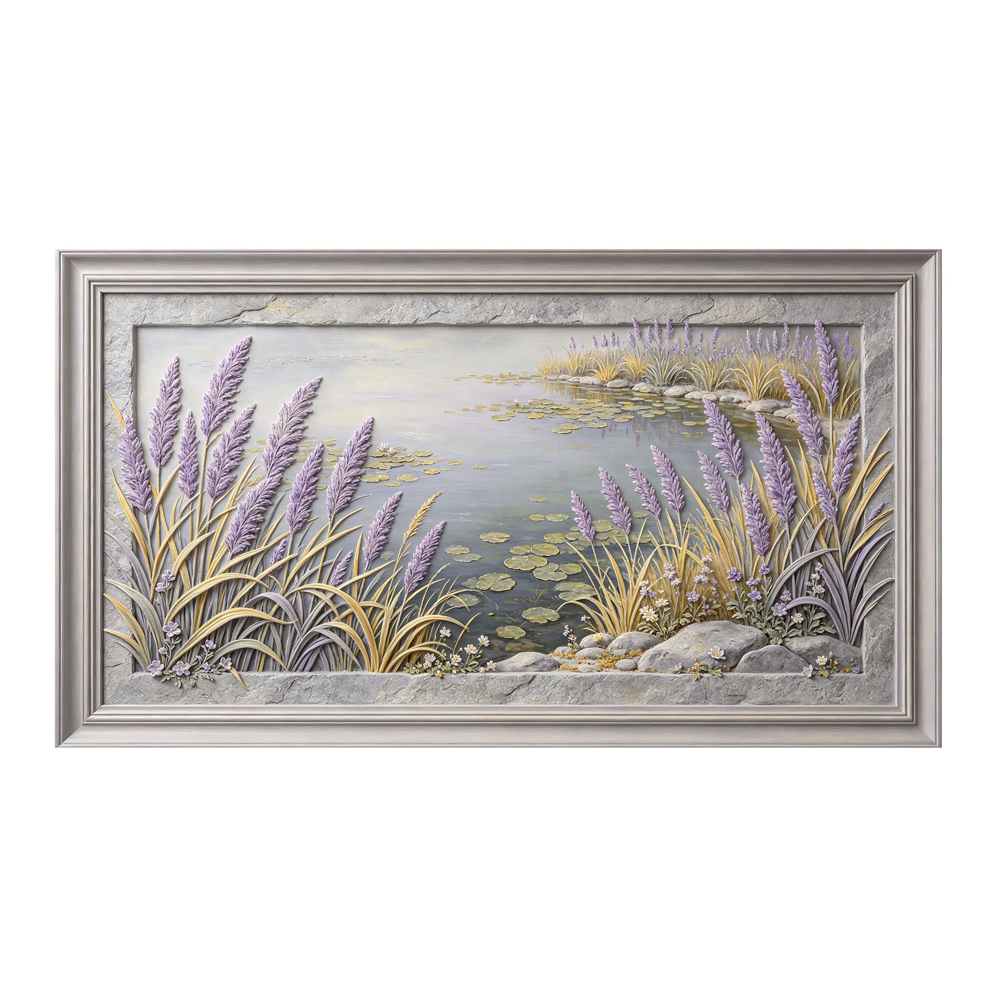 Murasolite 3D Framed Wall Art Lavender Lake Shore Landscape Relief Effect SelfAdhesive Fabric Mural Wall Decor， Peel and Stick No Damage to Wall， AntiFall Safe Design for Bedroom Living Room