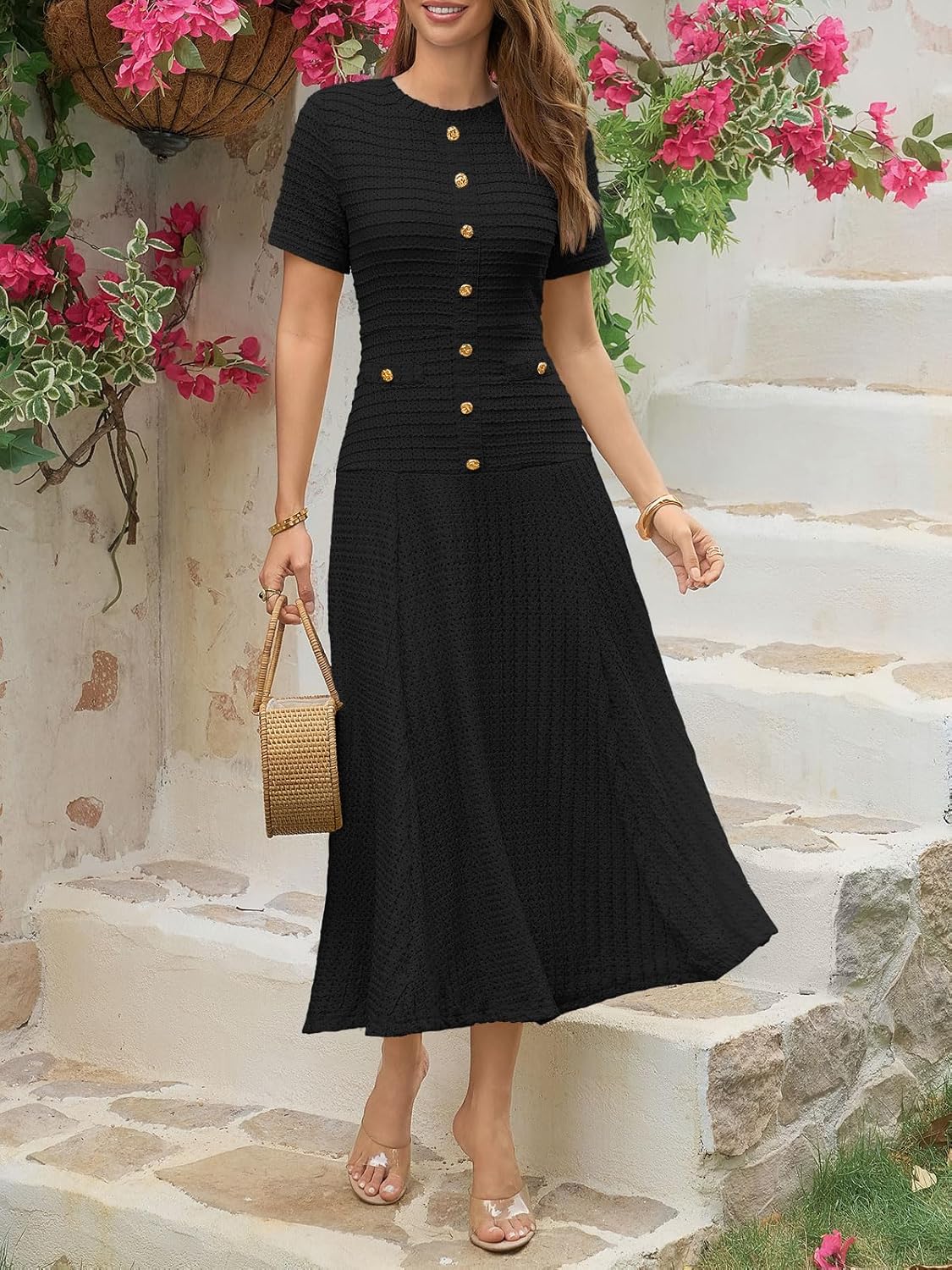 Wenrine Womens Midi Dress Summer Casual Short Sleeve Crewneck Button Decor. Textured Slim Fit A Line Dresses - Image 2