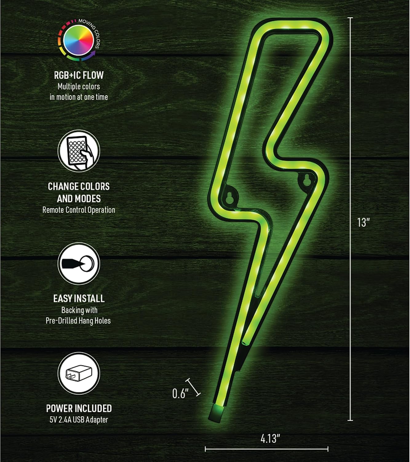 Xtreme Lightning Bolt Neon Sign, 4.13” Inch x 13” Inch Multicolored LED Sign, Remote Control, Plug-In Flexible Silicone Hanging Wall Art, RGB+IC Color Flow at Once, Dimmable, Multiple Modes & Speeds