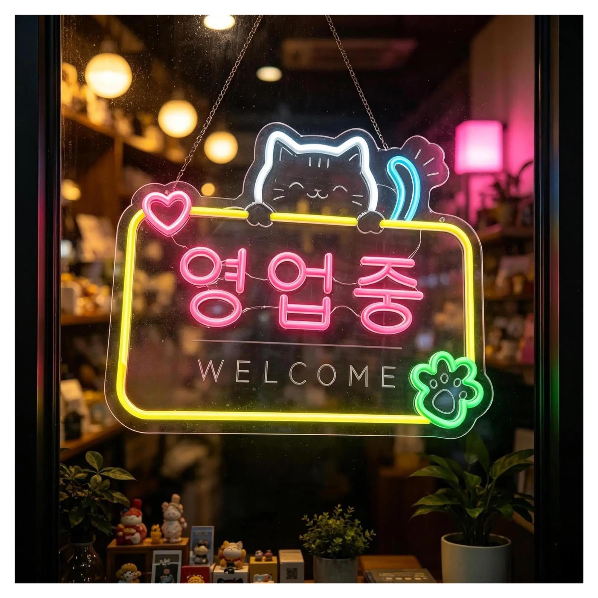 Insegna al Neon Insegna Al Neon Del Gatto Di Benvenuto Aperto Coreano