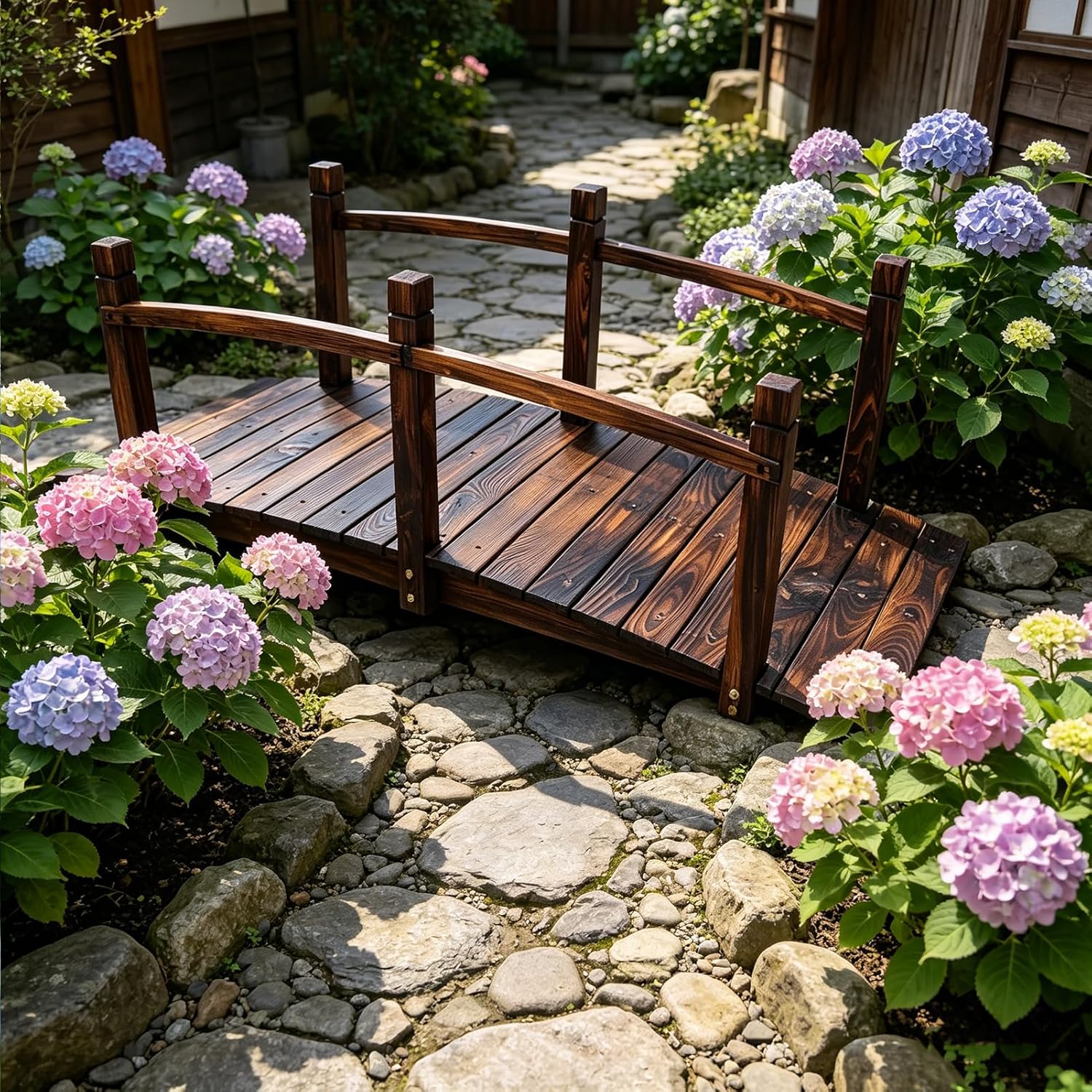 Garden Bridge, Wooden Bridge for Garden with Rails, 4.6FT Decorative Pond Bridges for Outdoors Yard, Garden Pathway (55×23.6 in)