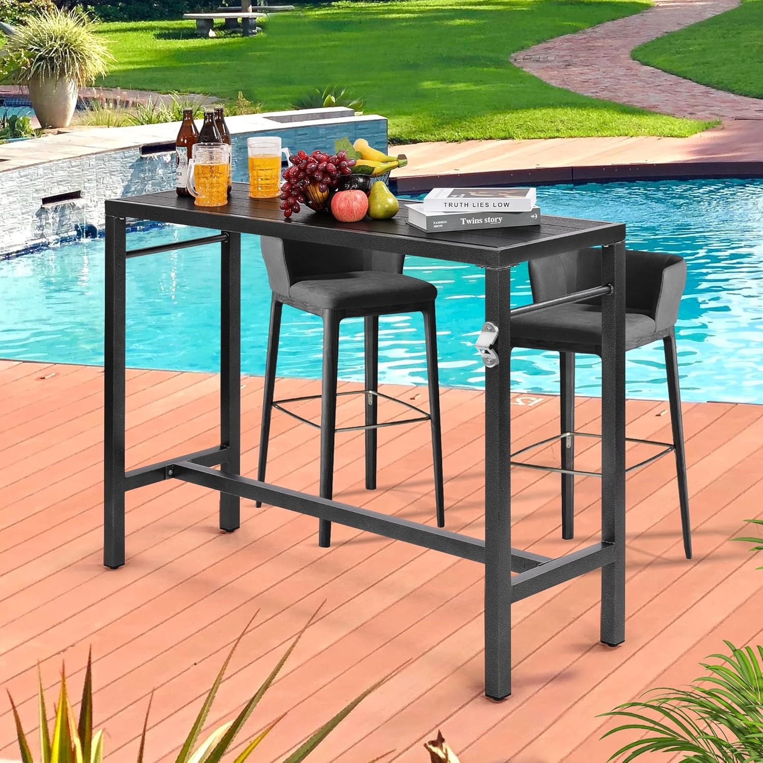 MURAGO 46*39*17 Outdoor Bar Table Extra Wide,Tall Bar Height Outdoor Pub Table, Ideal for Patio, Hot Tub, Dining, Balcony, Poolside, Weatherproof Composite Top, Rustproof, Built In Bottle Opener,Black