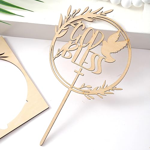 Miniatura 8 de ZZDCMS Decoración para tartas de bautismo y primera comunión, suministros de decoración de pasteles de madera, madera natural, marrón