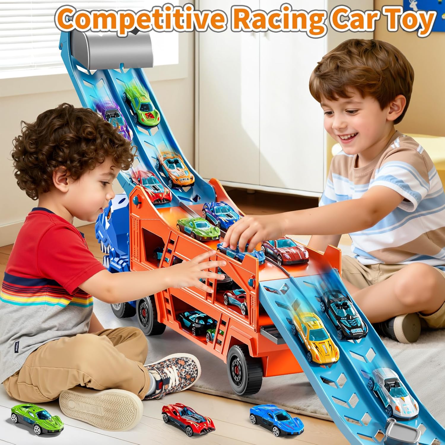 Race Track Truck Toys for 3 4 5 6 7 8 Years Old Boys, 2-Tier Storage Carrier Vehicle Playset with 12 Die-Cast Racing Car Toys, Car Ramps, Birthday Gifts for Toddlers Kids Girls Age 3-5 4-8