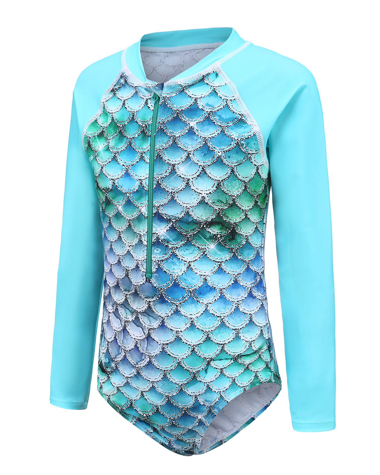 Girls Long Sleeve Rash Guard One Piece Swimsuit Kids UPF 50+ Sun Protection Swimwear Rainbow Striped Bathing Suit 3-14 Years