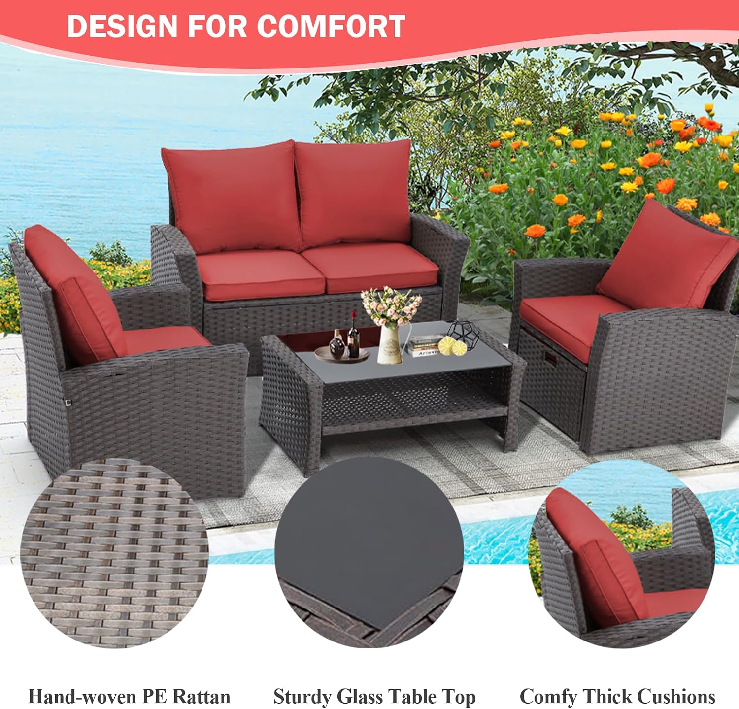 HOMREST 6 Pieces Outdoor Patio Furniture Set with Coffee Table, Patio Conversation Set with Ottoman with Storage, Outdoor Sofa for Garden, Porch, Deck, Backyard (Burgundy)