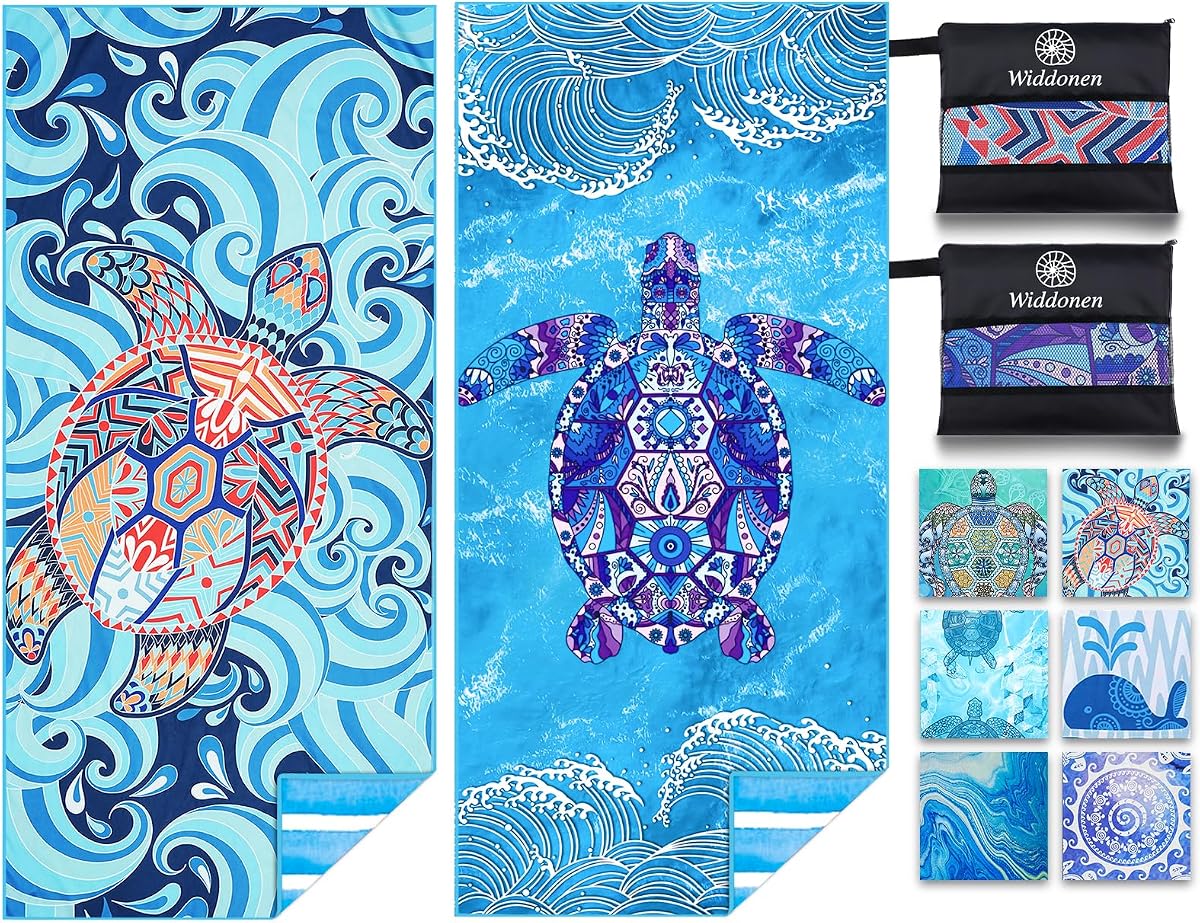 Widdonen Microfiber Beach Towel,Compact 2 Pack-71x32 Inch with Bag Travel | Extra Large,Lightweight,Thin,Sand Free,Quick Dry,Absorbent.Packable for Camping,Swim,Pool,Bath,Picnic,Cruise Essentials Gift