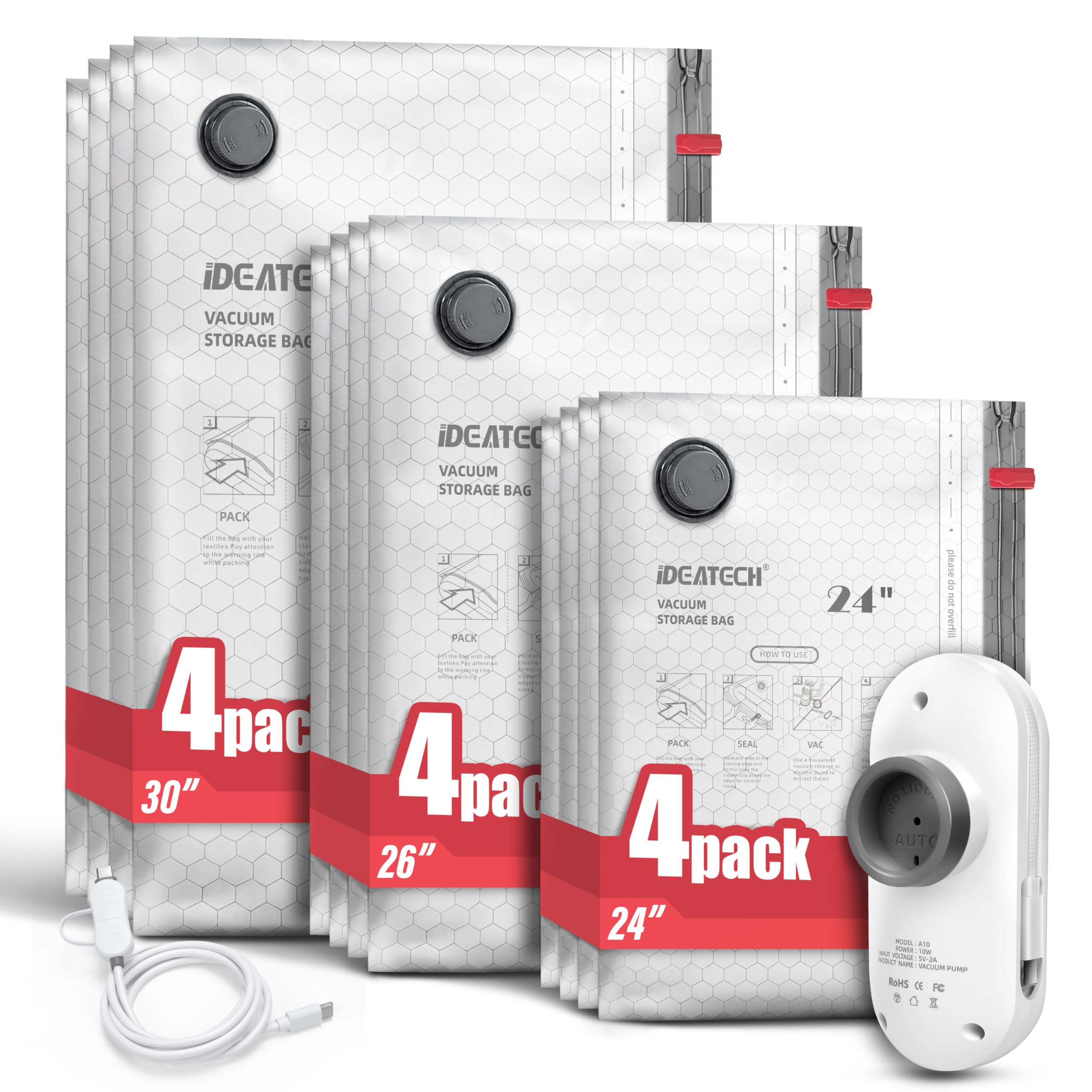 IDEATECH Paquete de 12 bolsas de almacenamiento al vacío de viaje con bomba USB, bolsas de embalaje de compresión de mano, bolsas de sellado al vacío reutilizables que ahorran espacio para ropa
