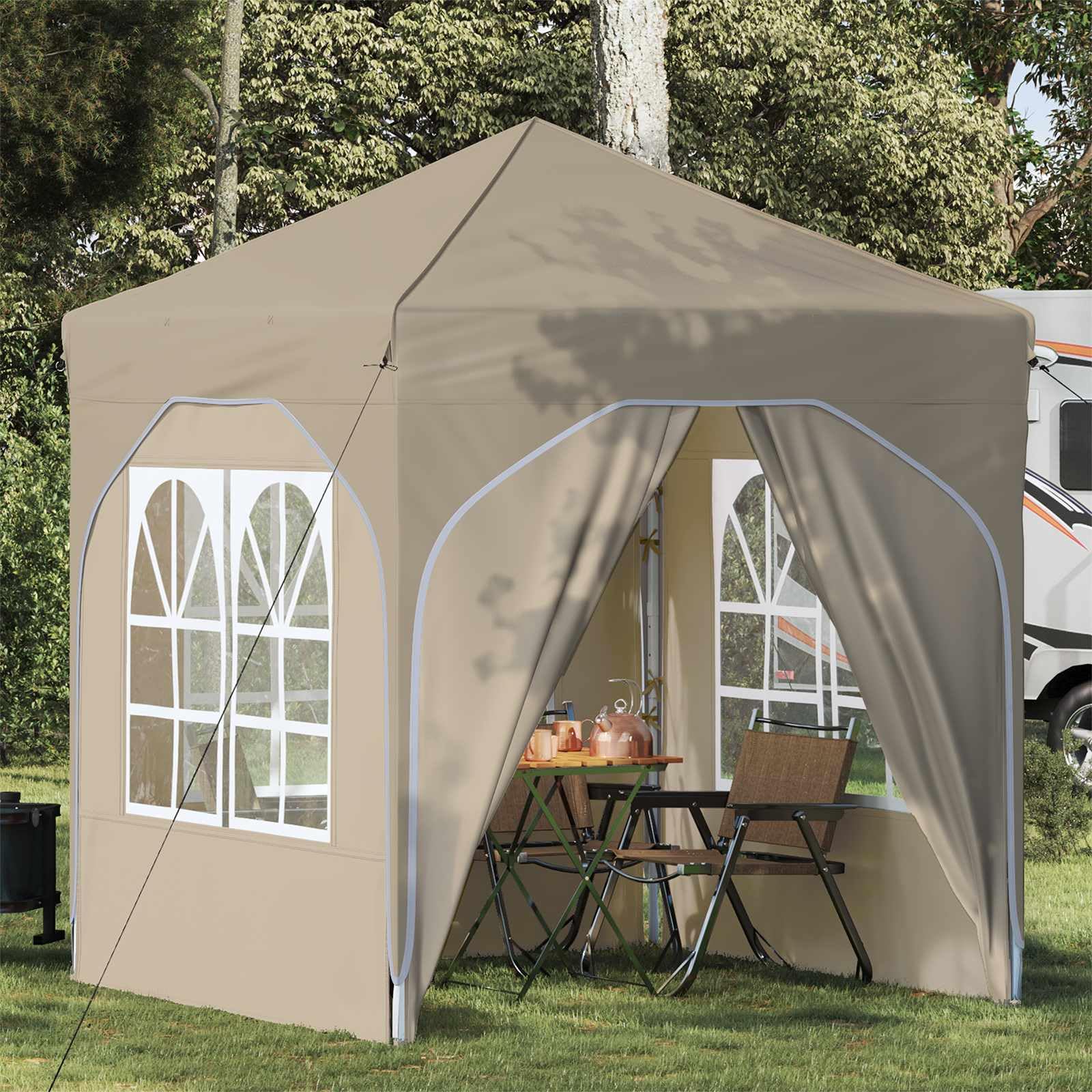 Pop-up Partyzelt 192 x 192 x 245 cm Creme mit 4 Seitenwänden höhenverstellbar für Garten Terrasse Balkon Outdoor Schutz bei Sommerfesten und Freizeitaktivitäten