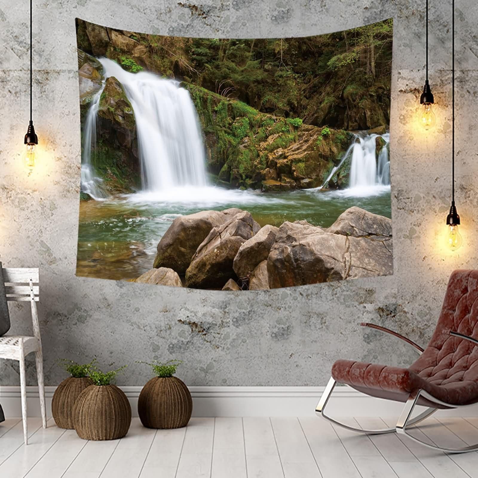 Homxi Tapiz Decorativo Sofá 240 x 220 CM,Paisaje de Cascada y Piedras Tapices Decorativos Sofa Poliester Marrón Blanco