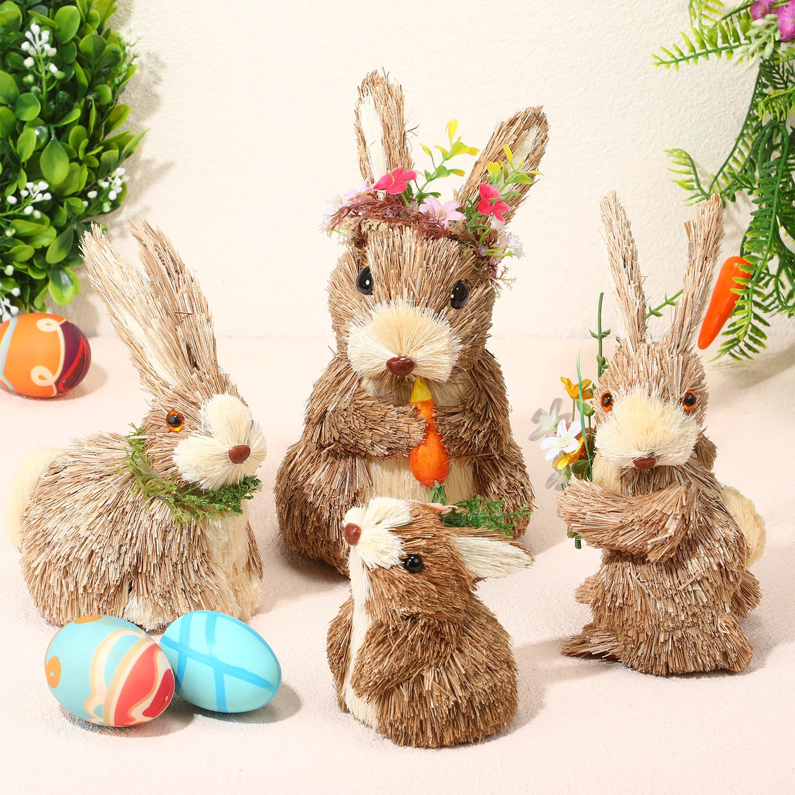 VioraWhite Juego de 4 decoraciones de conejo de Pascua, figuras de conejo de sisal, decoración de mesa, estatua de conejo de paja con flor de zanahoria para el hogar, mesa, oficina, cocina, granja,