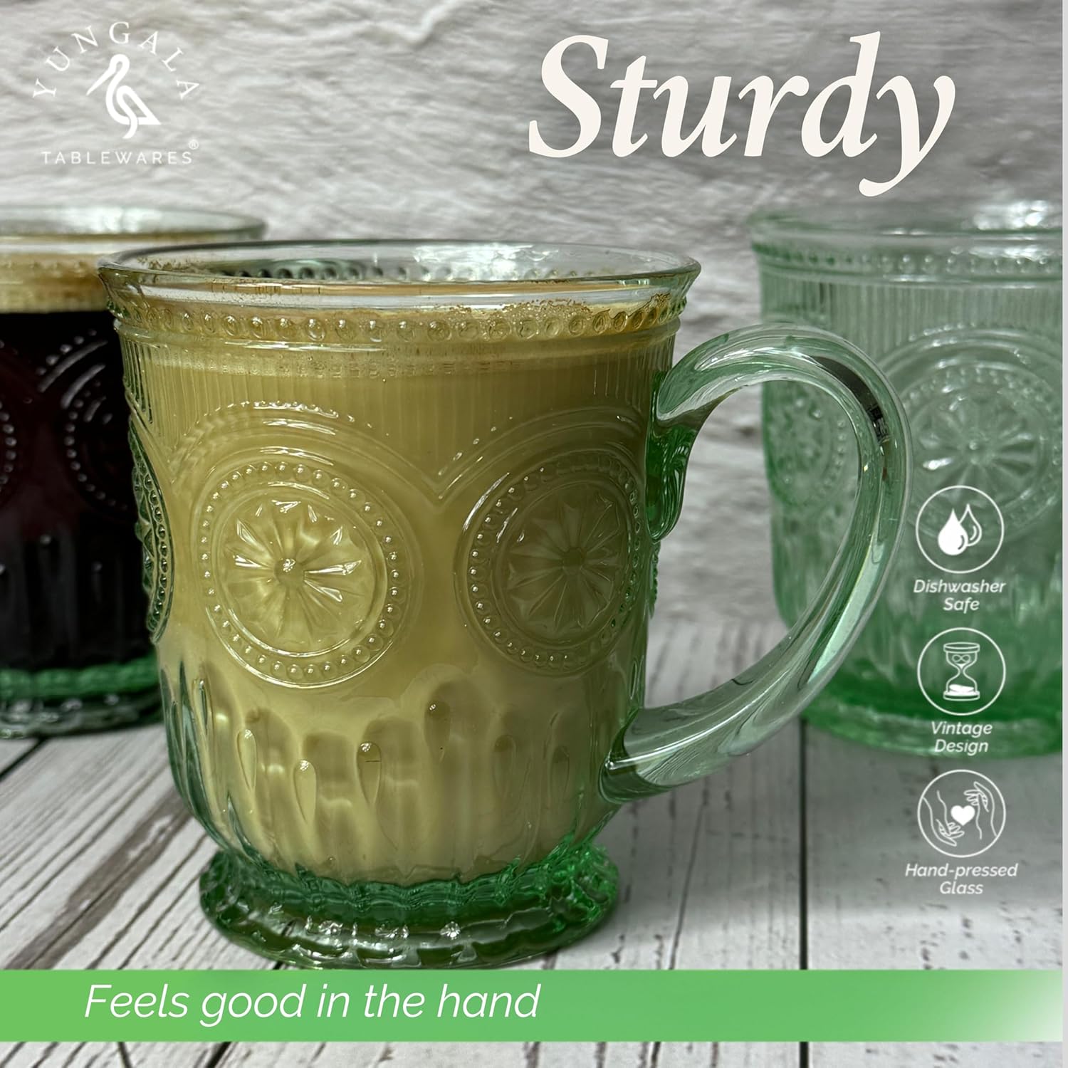 Yungala Green Glass Coffee Cups - Set of 4 Vintage Coffee Mugs – 10oz Vintage Tea Cups, Pastel Apple Green Aesthetic Mug Set, Unique Tea Cup Glass with Sunflower Design, Dishwasher Safe, Lead-Free - Image 6