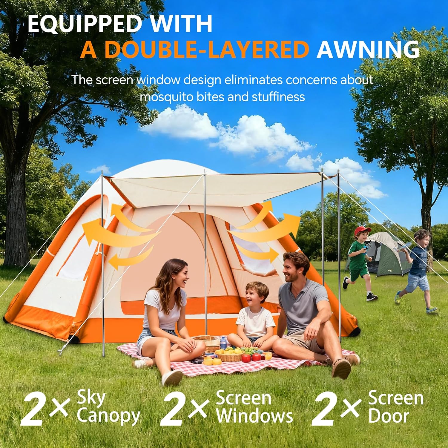 Automatic Inflatable Tent with Air Pump, 2/4/6 Person Family Tents for Camping with 2-3 Min Set Up, Windproof Waterproof Tents with Mosquito Screen Window, Portable Tent for Traveling