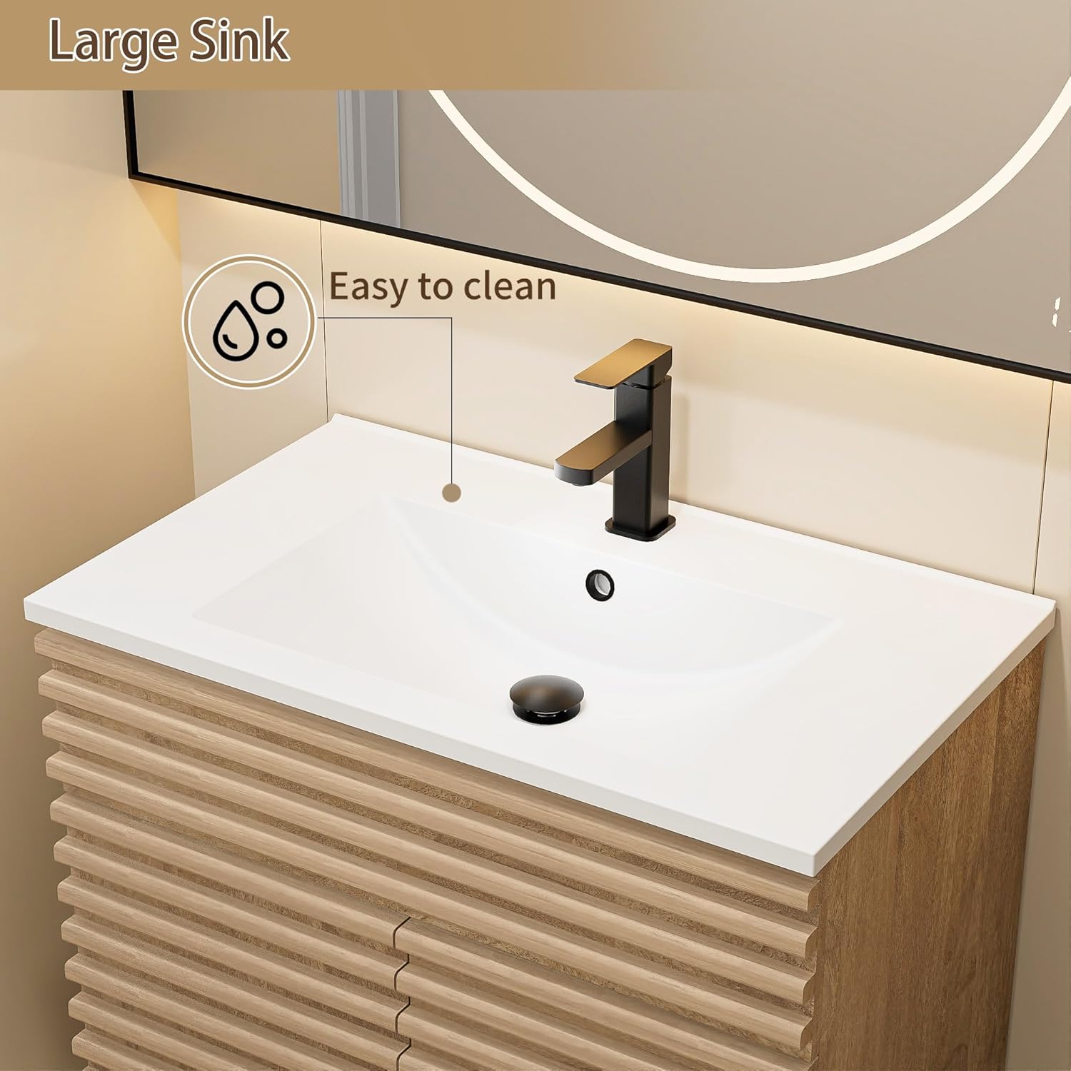 LUCKWIND 30" Bathroom Vanity with Sink Combo, Mid-Century Storage Cabinet with Wood Stripes, Large Sink and Water Saving Faucet, Walnut