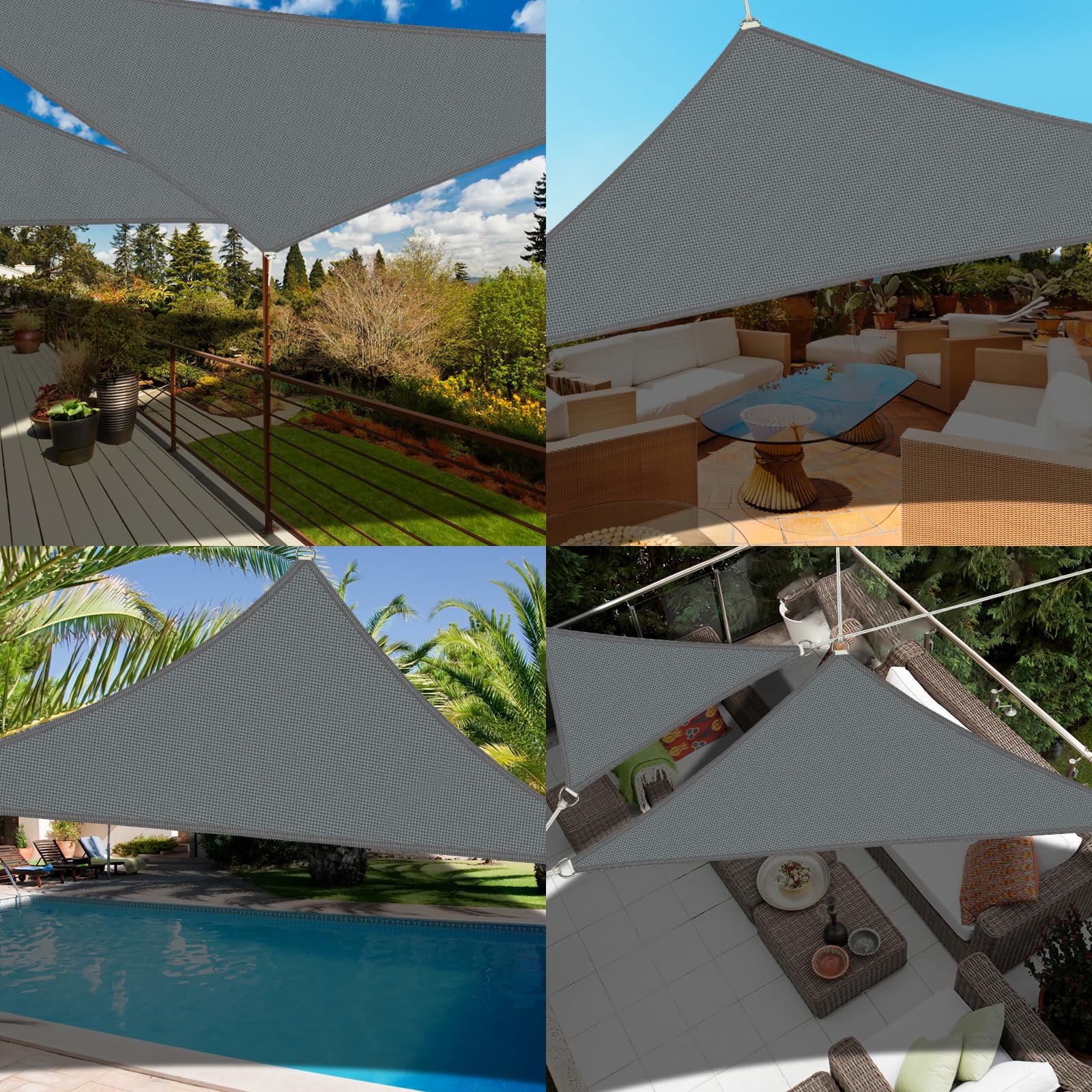 Voile D'ombrage Triangulaire 4x4x4m Avec Kit Fixation, Toile Ombrage Triangulaire Imperméable, Protection Solaire Et Anti UV, Toile D'ombrage Sans Perçage Convient aux Terrasse,Jardins et Serres（Gris）