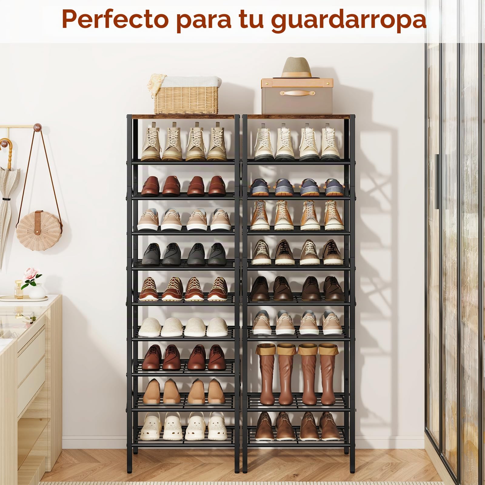 IBUYKE Zapatero Vertical con 10 Niveles, Estantería para Zapatos Alto Estrecho para 20 Pares, Zapatos Esquinero con Estante para Entrada Pasillo Sala de Estar, Marrón Rústico y Negro TXJ011H