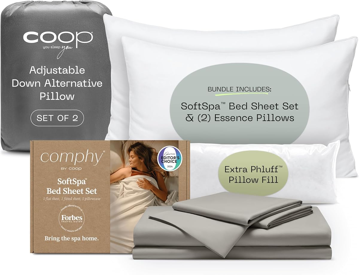 Comphy SoftSpa Bed Sheet Set Dove Grey and 2-Pack Essence Pillow King Bundle