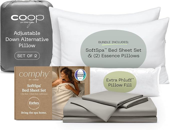 Comphy SoftSpa Bed Sheet Set Dove Grey California King and 2-Pack Essence Pillow King Bundle