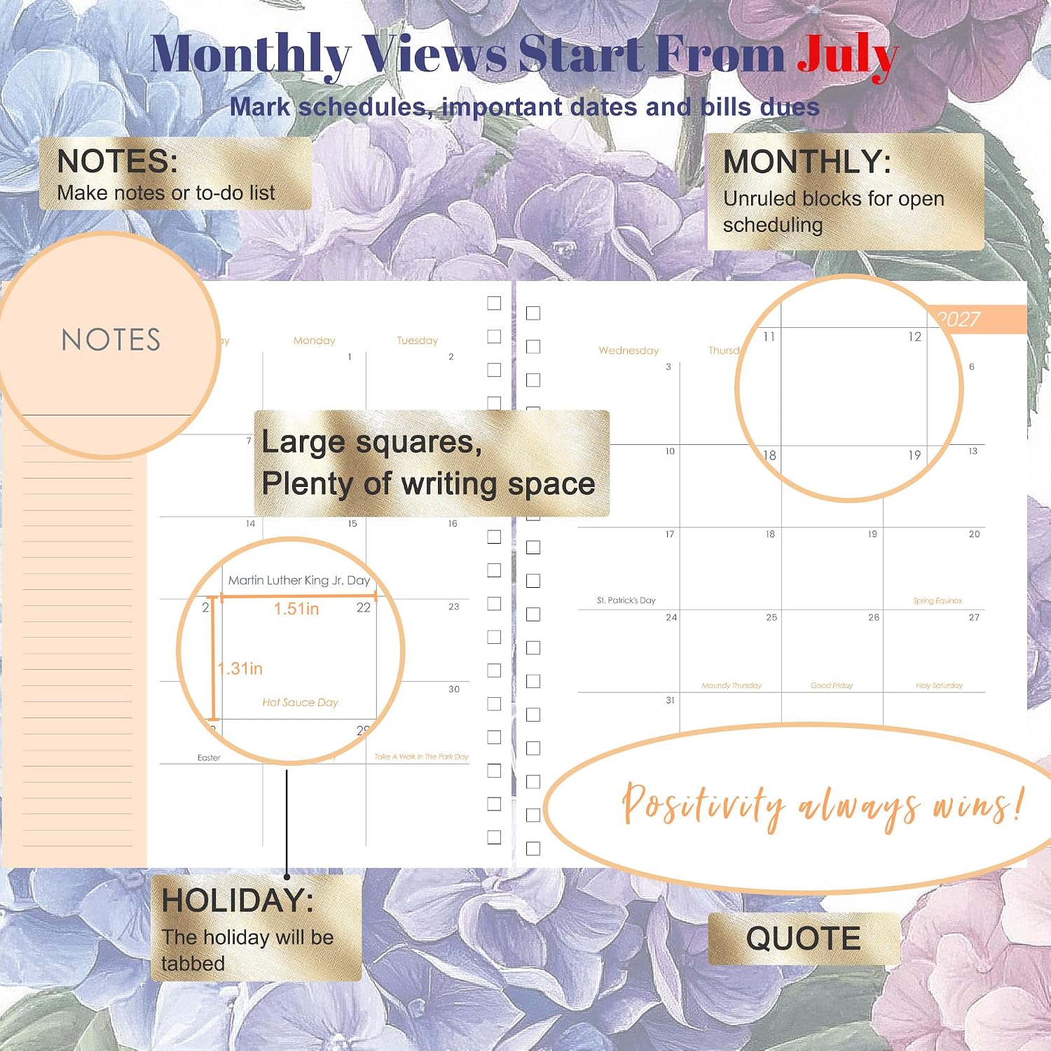 CAGIE 18 Month Planner July 2026 - December 2027, Academic Year Weekly & Monthly Planner with Tabs, 8.3 x 9.3 Floral Hardcover Organizer with 100GSM Thick Paper and Elastic Band for Women School Office