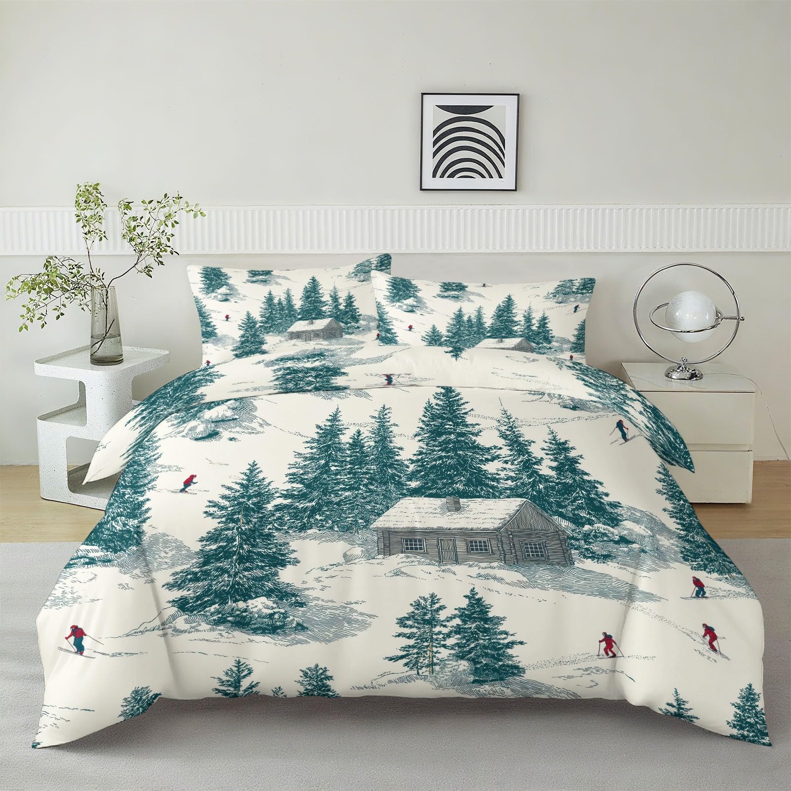 Zestaw poszewek na kołdrę na łóżko podwójne (200 x 200 cm) retro drewniany domek na narty, poszewka na kołdrę z zamkiem błyskawicznym - ultramiękka pościel dla dzieci, chłopców, dziewcząt, nastolatków