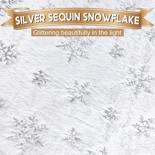 Miniatura 19 de AerWo Falda de árbol de Navidad de 48 pulgadas, falda grande de árbol de Navidad de piel sintética con copos de nieve de lentejuelas plateadas
