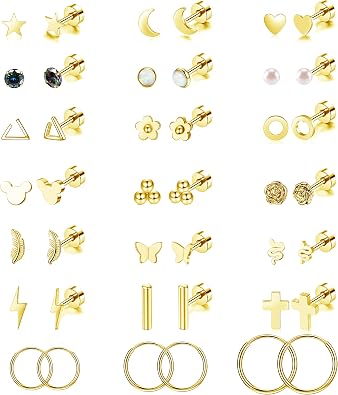 Staligue 21 Pairs Flat Back Earrings for Women & Men 20G Hypoallergenic Stainless Steel Earrings with Star, Moon, Floral - Hoop & Stud Earring Set for Cartilage Piercing