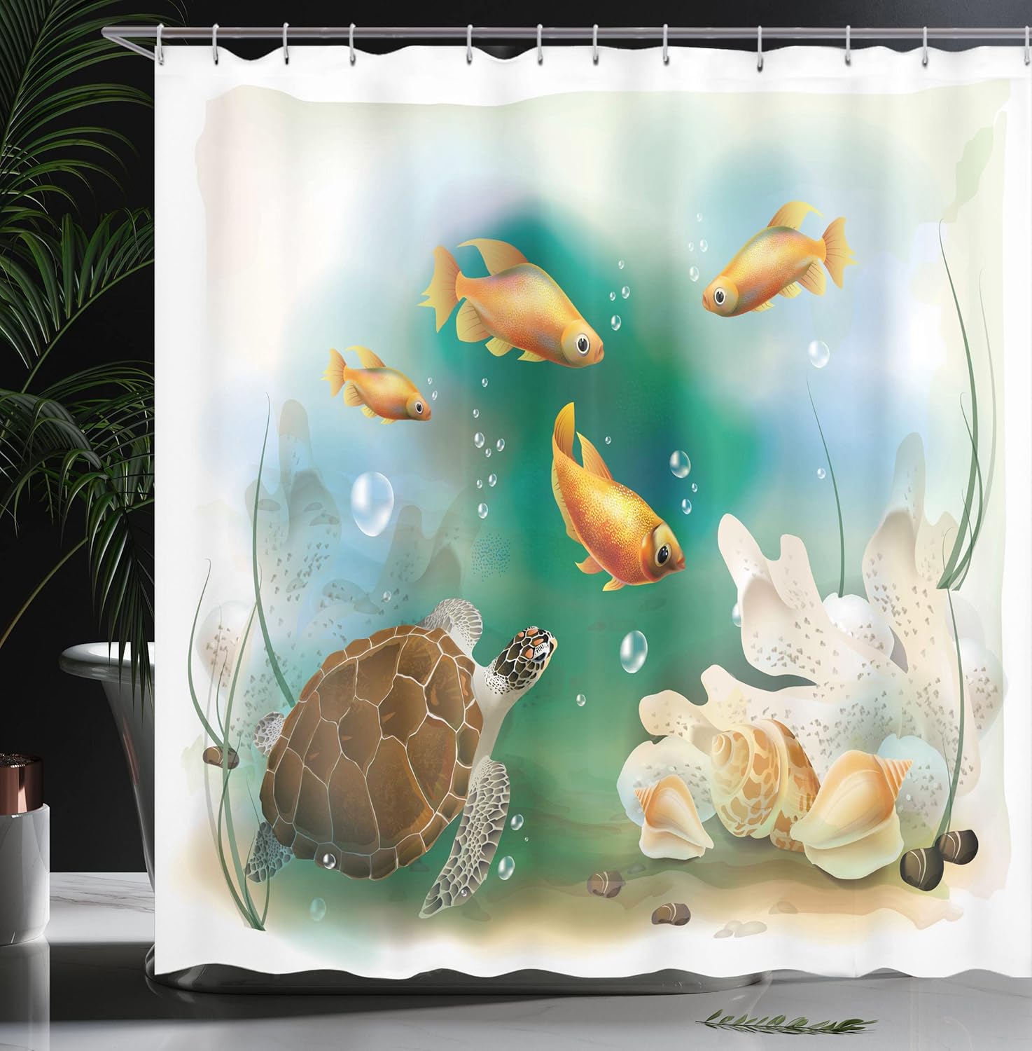 Ambesonne Turtle Shower Curtain, Ocean Life Illustration Aquarium Tropical Animals Goldfishes and Seashells, Cloth Fabric Bathroom Decor Set with Hooks, 69" W x 75" L, Teal Orange