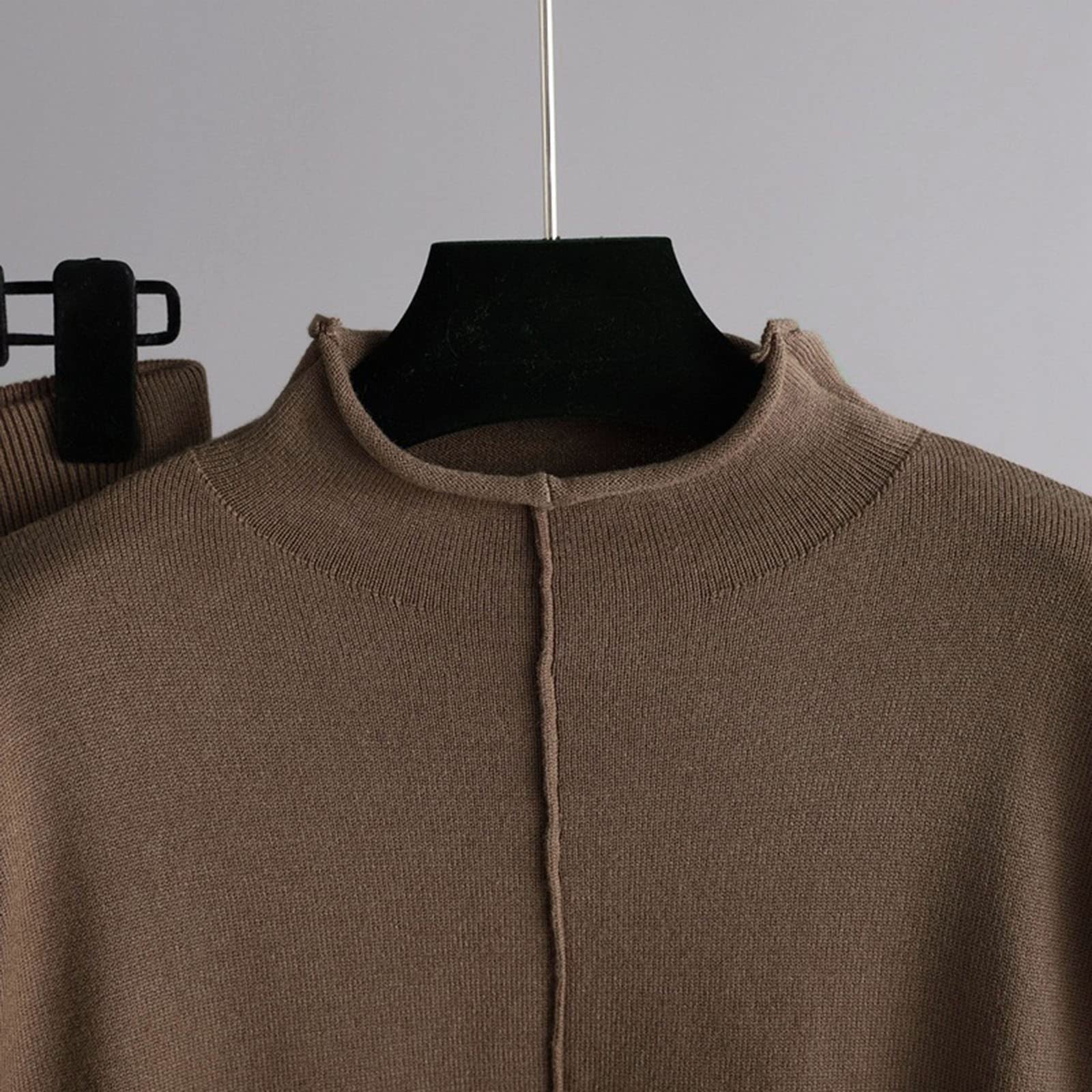 Conjunto de punto para mujer para otoño e invierno, traje de punto, cuello alto, jersey, pantalones largos, traje de esquí de dos piezas para mujer, Color caqui., Talla única
