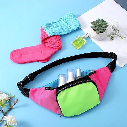 Miniatura 8 de Riñonera de neón de los años 80 con calcetines de pelo de bloques de color, riñoneras retro para mujeres y hombres, accesorios de los años 80, bolsa