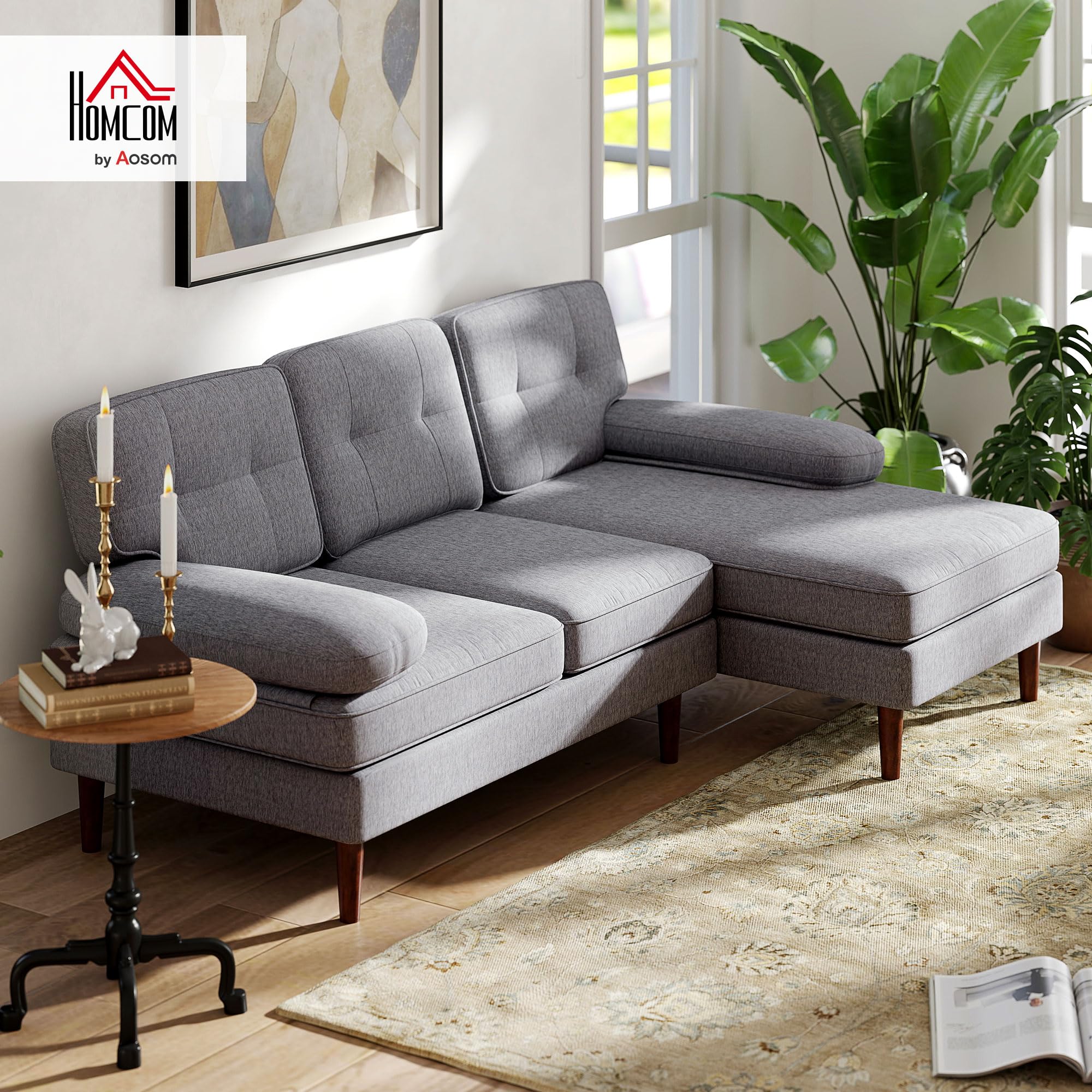 HOMCOM Sofá Esquinero de 3 Plazas Tapizado en Chenilla 215x142x88 cm Gris | Sofá Chaise Longue en Forma de L, Patas de Madera y Reposabrazos, Estilo Moderno, para Salón