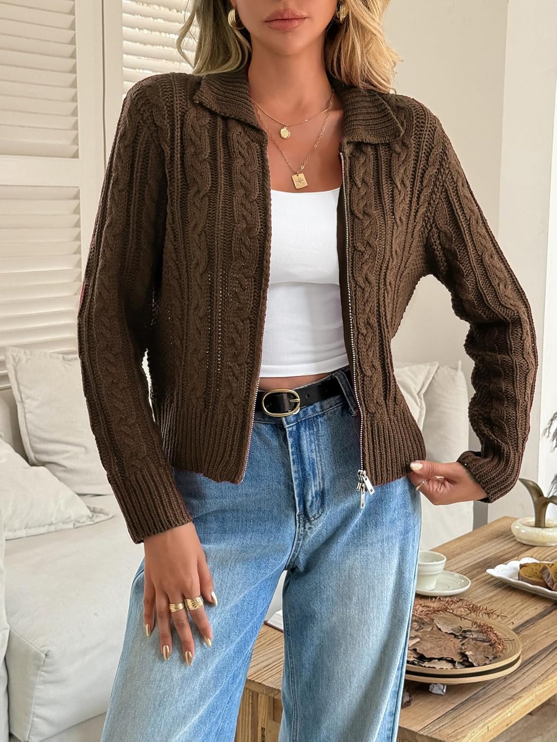 2026 Women Cable Knit Crop Cardigan Zip Up Sweater Jacket Vintage Chunky Y2k Grunge Aesthetic Clothes Fall Outfits - Image 2