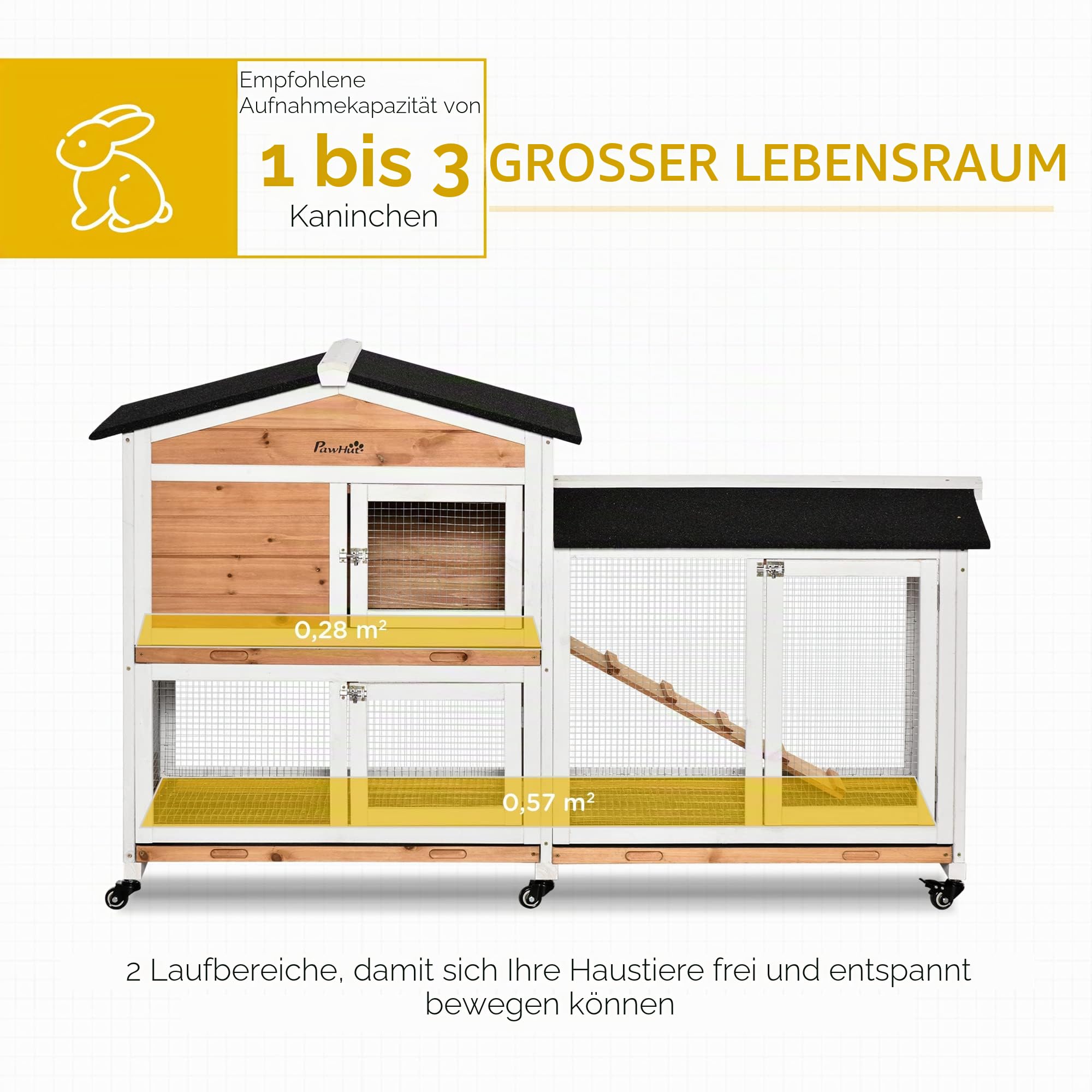 PawHut Kaninchenstall aus Holz für Kaninchen, Kleingehege, Tiere, Villa, für Kaninchen, auf Rollen, 2 Etagen, 3 verschiebbare Ablagen, 157,4 x 53 x 99,5 cm, Gelb