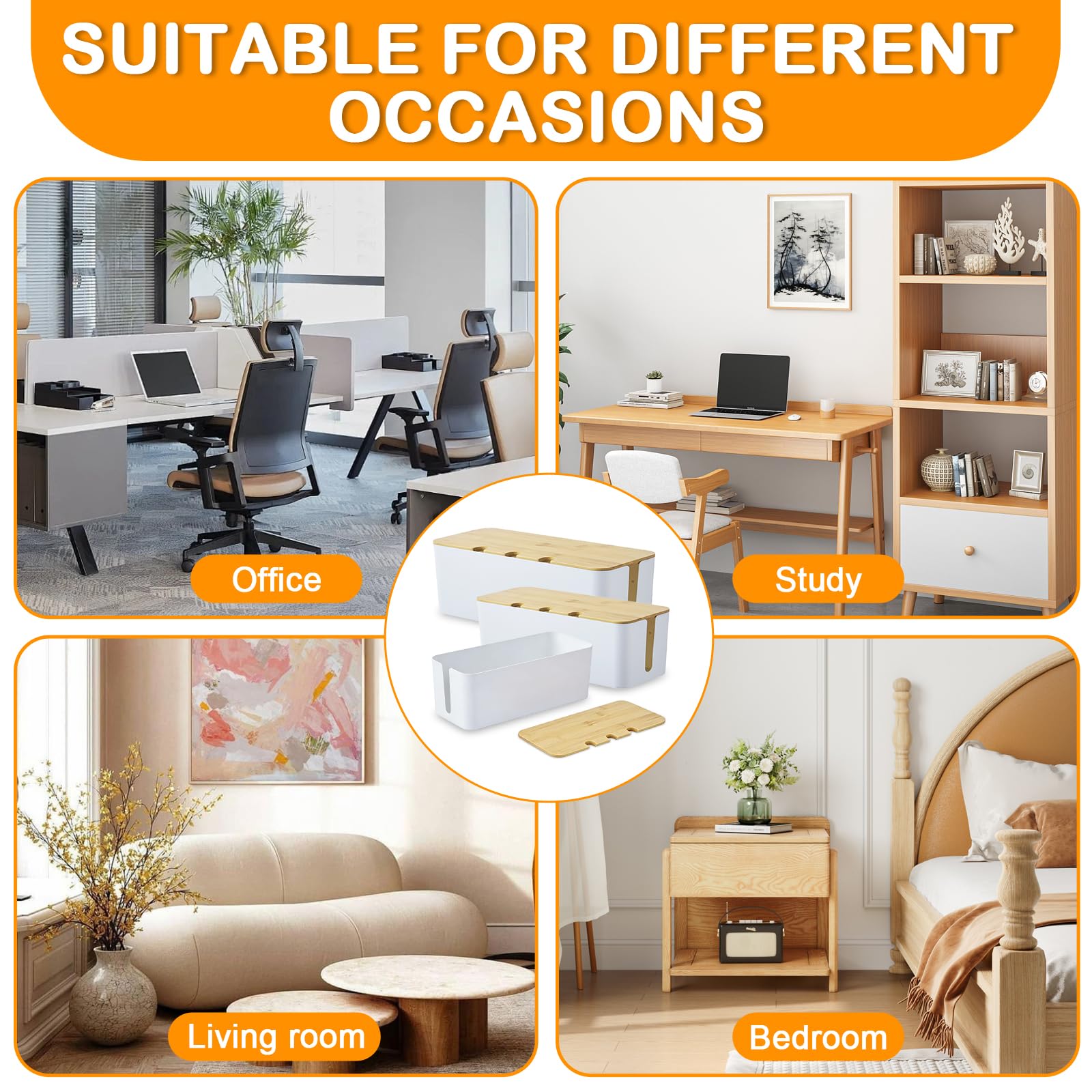 Lot de 3 Boîtes à Câbles Blanches, Boite Rangement Cable avec Couvercles en Bambou de Trois Tailles, Boite Cache Cable avec Couvercle en Bois Perforé, Cache Multiprise Electrique avec Attaches