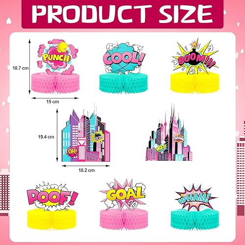 Miniatura 2 de 8 piezas de suministros de fiesta de héroe de niña de héroe rosa con diseño de panal de abeja, decoración de mesa, centro de mesa, recortes de