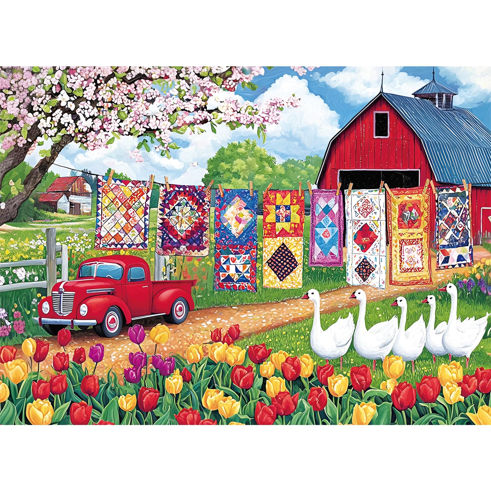 300 Piece Jigsaw Puzzle for Adults – Springtime Farmyard Delight with Quilts & Tulips– Challenging and Relaxing Puzzle for Game Nights, Gifts & Home Décor (20.5" × 15")
