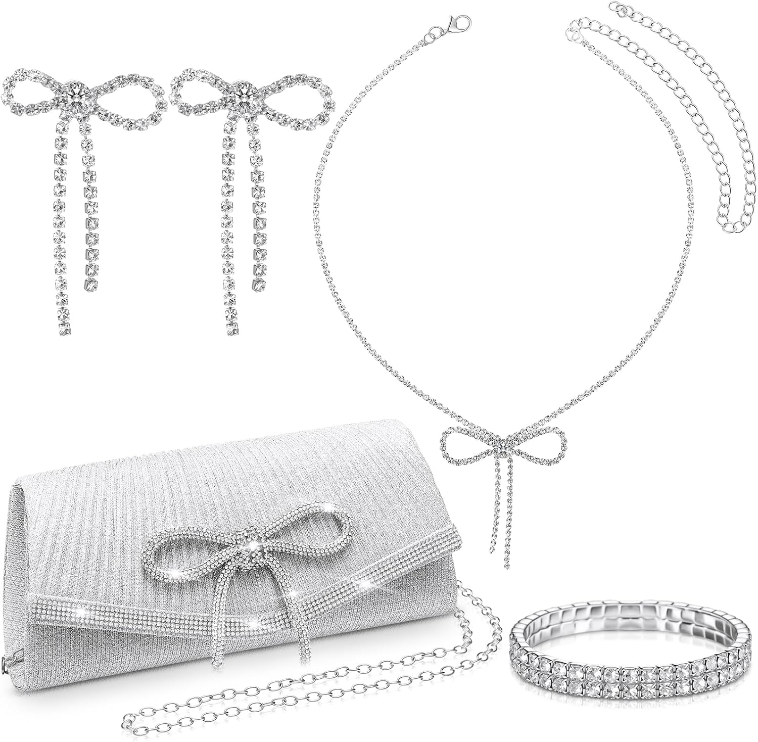 Abbylike 4 Pcs Rhinestone Evening Clutch Bag Set with Bow Dangle Earrings Necklace and Bracelet Glitter Purse for Women Prom