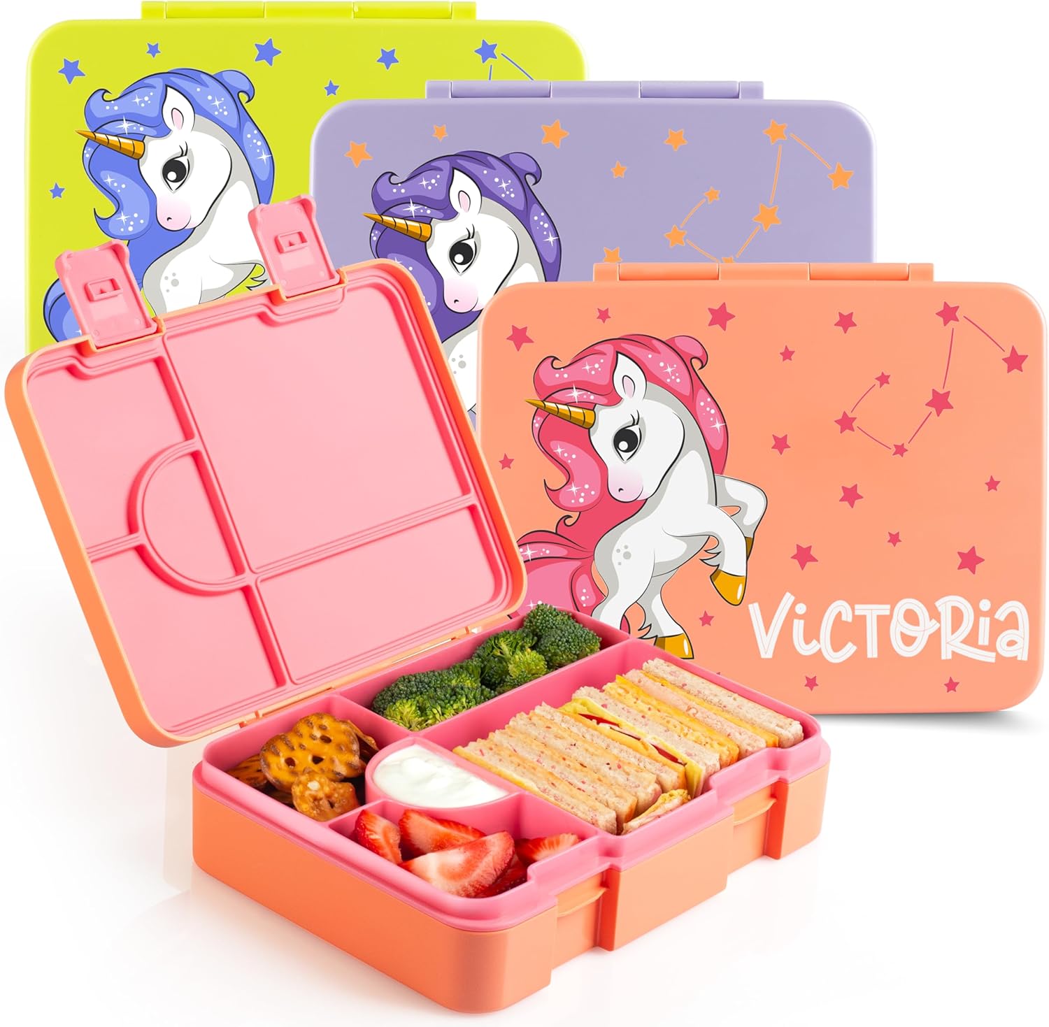 Personalized Bento Box for Kids with Unicorn Theme and Name, 5 Compartments Drop-Proof Bento Box, Dishwasher Safe, Made with BPA-Free Materials, Bento Lunch Box for Kids and Toddlers