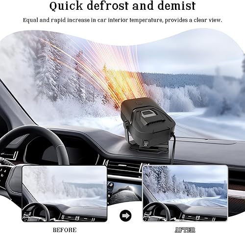 Miniatura 4 de LARDERGO Calentador de automóvil, descongelador portátil 2 en 1 de 12 V 200 W con rotación de 360, derretir rápidamente la escarcha y limpiar la