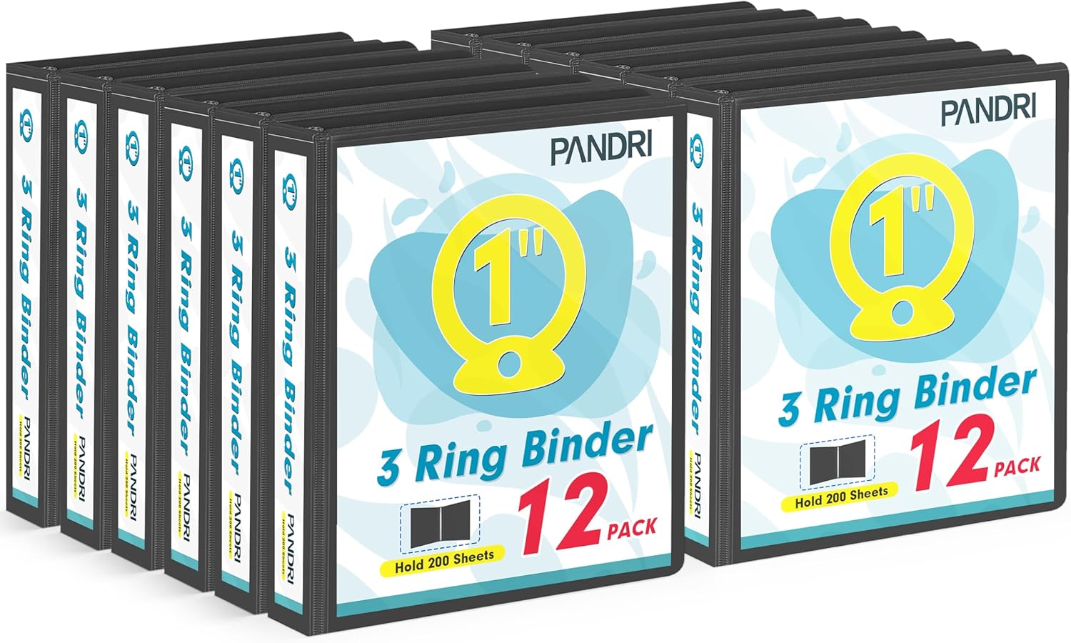 3 Ring Binder 1 Inch, PANDRI 12 Pack 1-Inch Binder Fits Letter Size 8.5'' x 11'' Paper, Versatile Binders for Office Home School, 2 Pockets, Black
