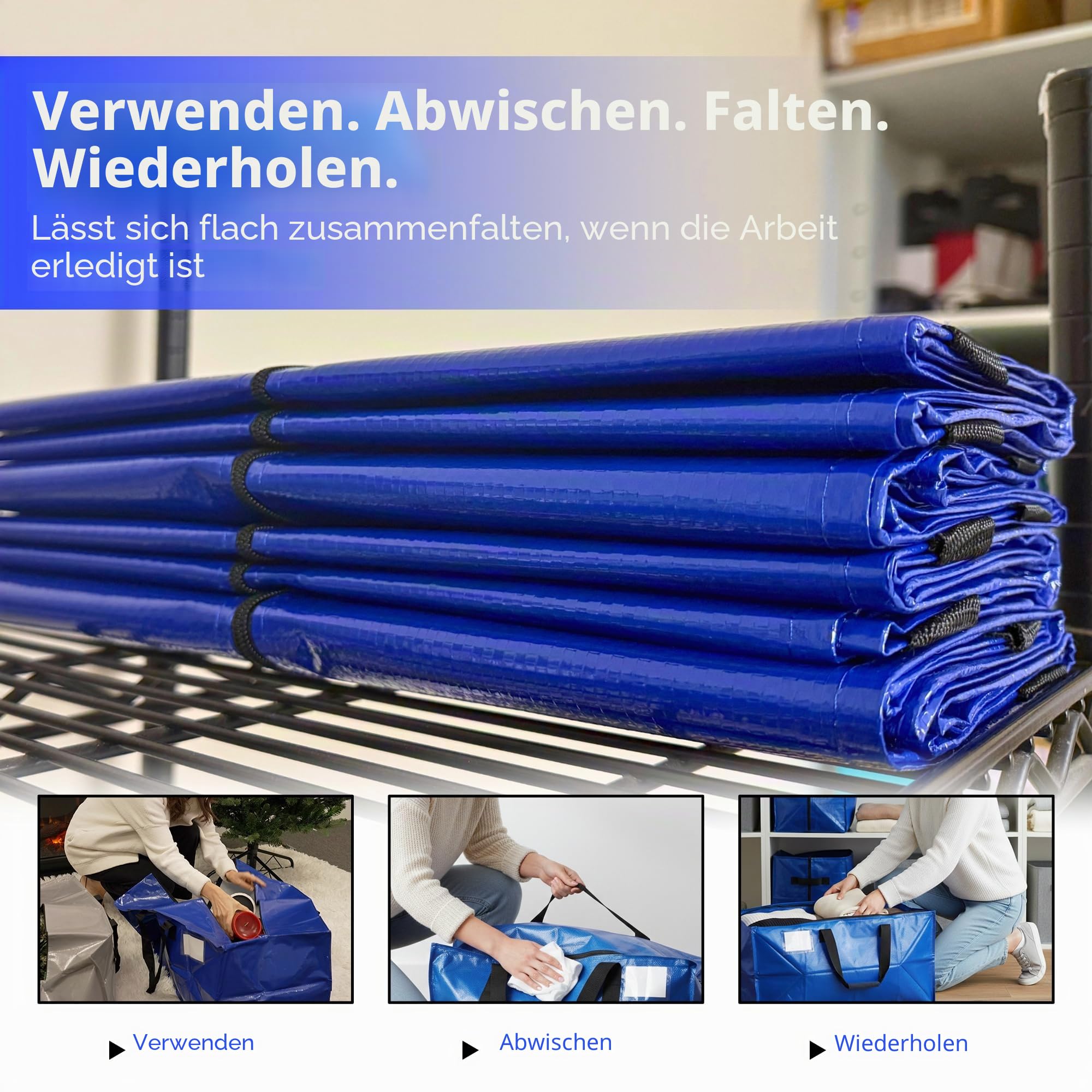 DURASACK Robuste Umzugstasche Aufbewahrungsbehälter Seesack mit Reißverschluss, verstärkte Tragegurte und Rucksackgurte, aus robustem gewebtem Polypropylen, 4er-Pack, Blau