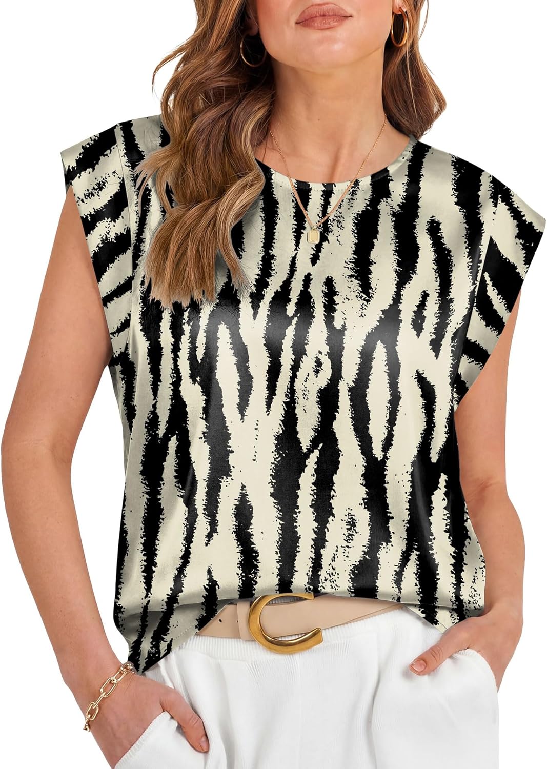 LOMON Womens Silk Satin Tops Summer Cap Sleeve Shirts Dressy Crew Neck Tank Tops Loose Business Casual Blouse