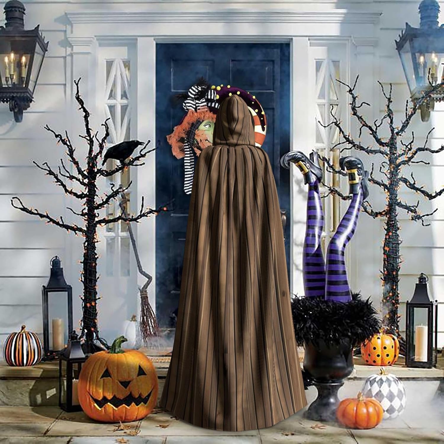 Solid Wood Pattern Men Women Halloween Role Play Party Decoration Hooded Poncho Black